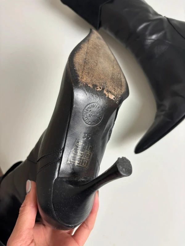 Y2K Black Leather Heels Pointed Toe Boots (35 EUR)
