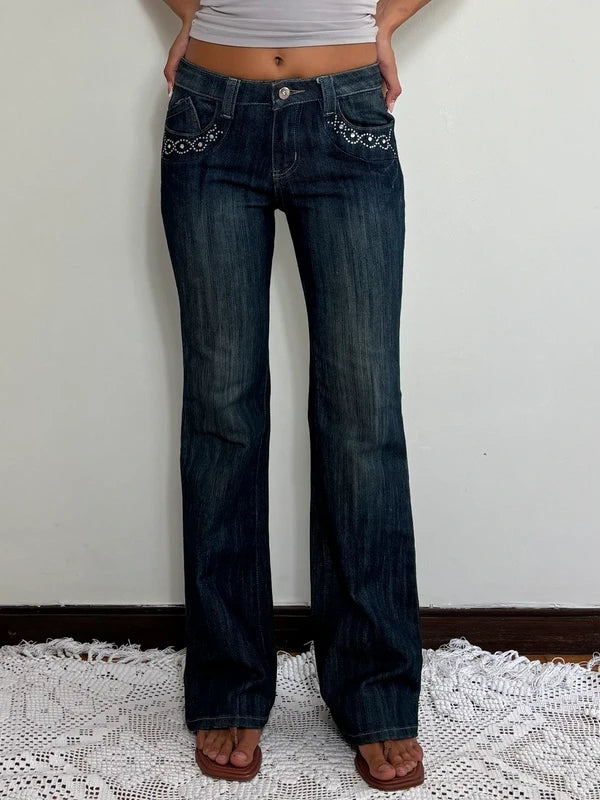 Y2K Low Rise Rhinestone Dark Wash Flare Jeans (XS)