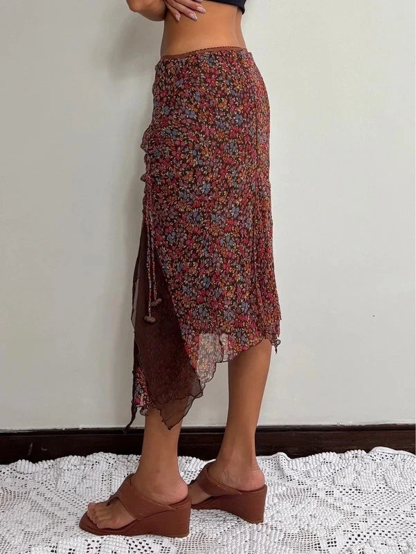 Y2K Silk Brown Floral Asymmetric Midi Skirt (M)