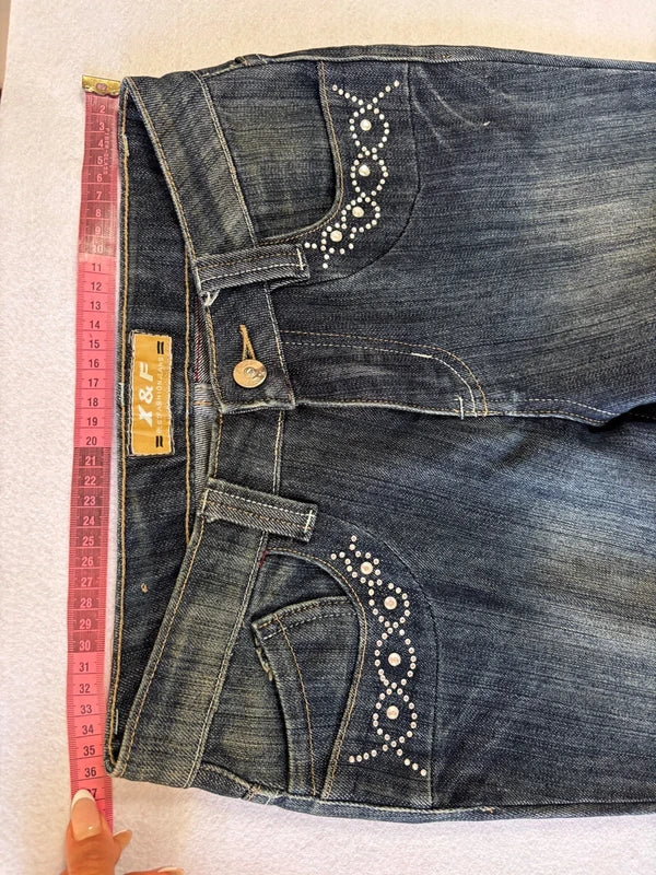 Y2K Low Rise Rhinestone Dark Wash Flare Jeans (XS)