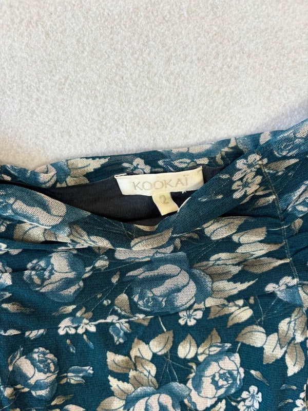 Vintage Navy Blue Floral Mesh Midi Skirt (S)