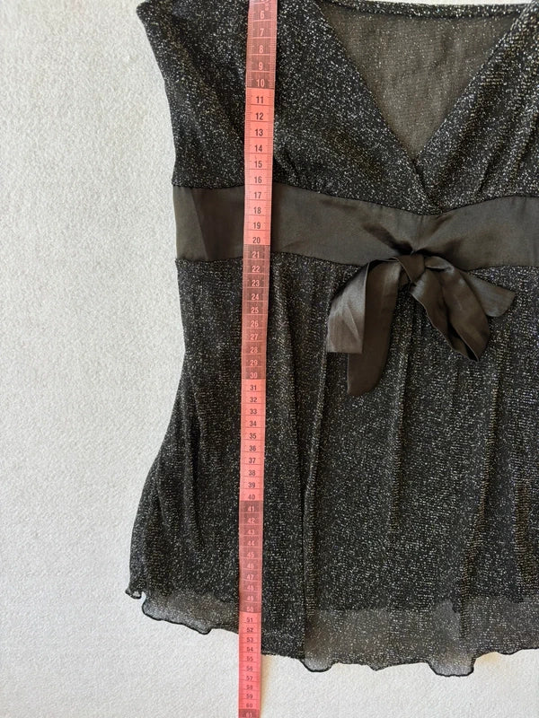 Y2K Black Sparkly Glitter Cami Top with Satin Waist Bow (S)