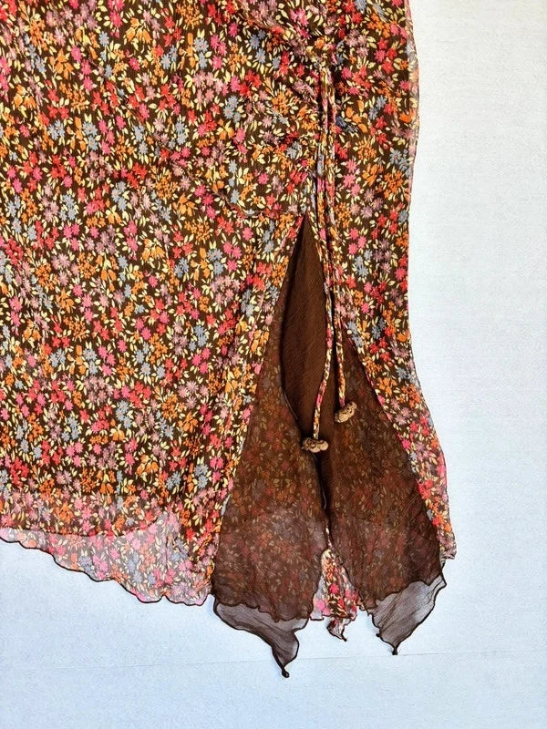 Y2K Silk Brown Floral Asymmetric Midi Skirt (M)
