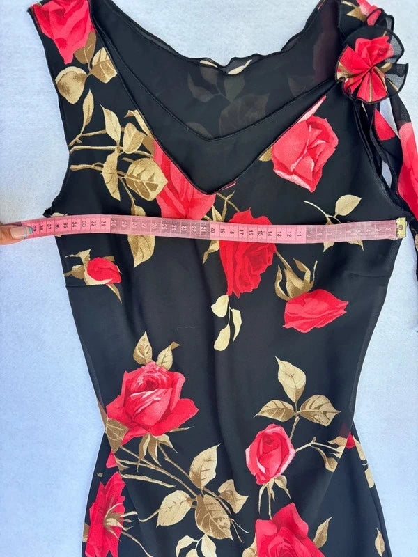 90s Black Rose Floral Slip Midi Dress (S)
