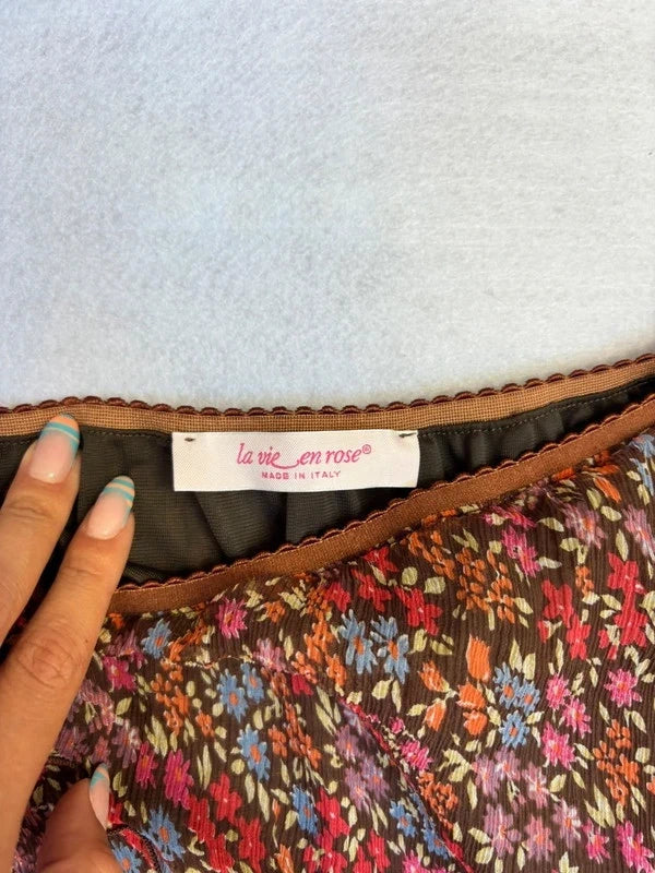 Y2K Silk Brown Floral Asymmetric Midi Skirt (M)