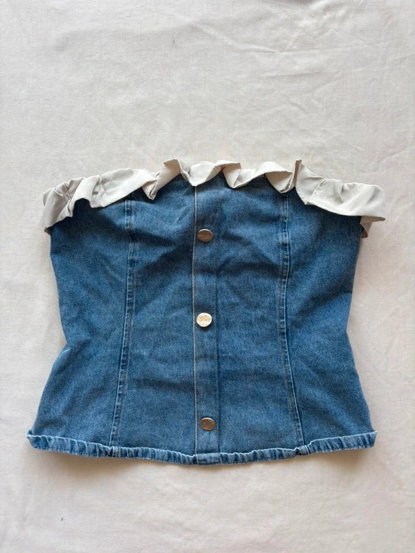 Y2K Blue Denim Corset Strapless Top (S)