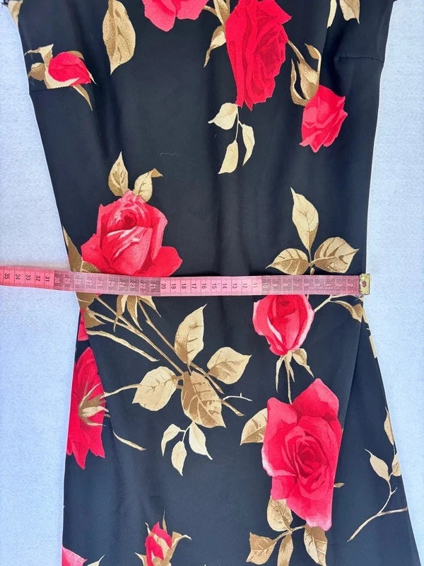90s Black Rose Floral Slip Midi Dress (S)