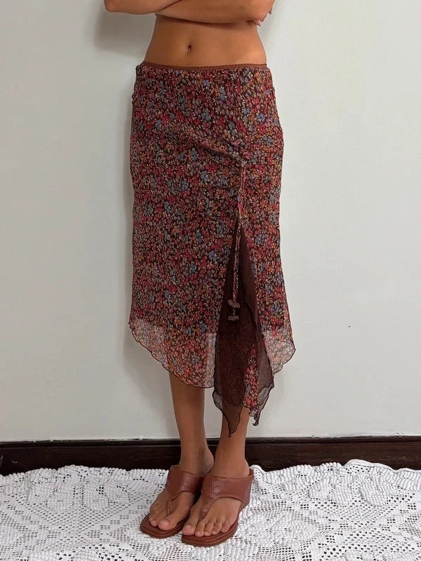 Y2K Silk Brown Floral Asymmetric Midi Skirt (M)