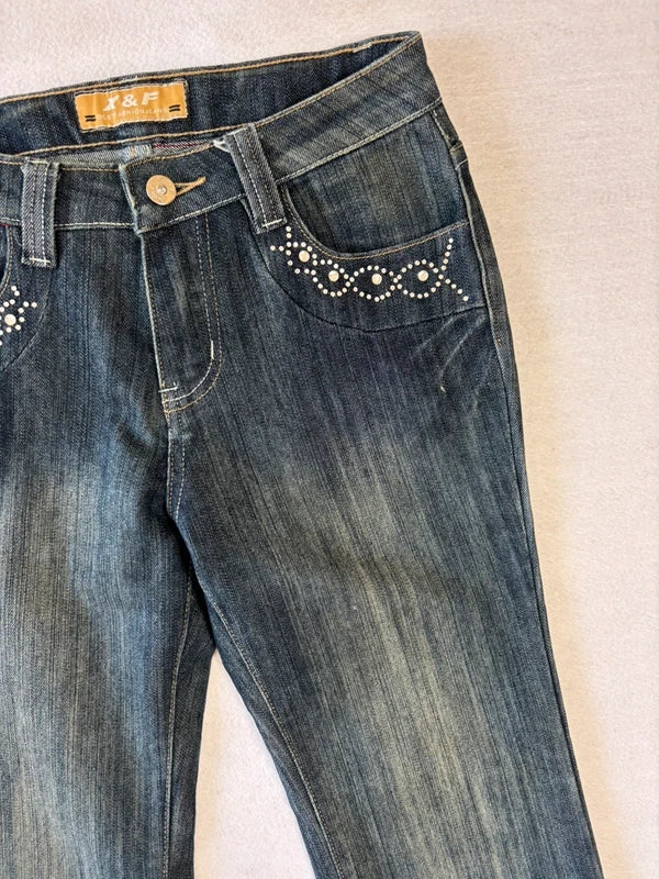 Y2K Low Rise Rhinestone Dark Wash Flare Jeans (XS)