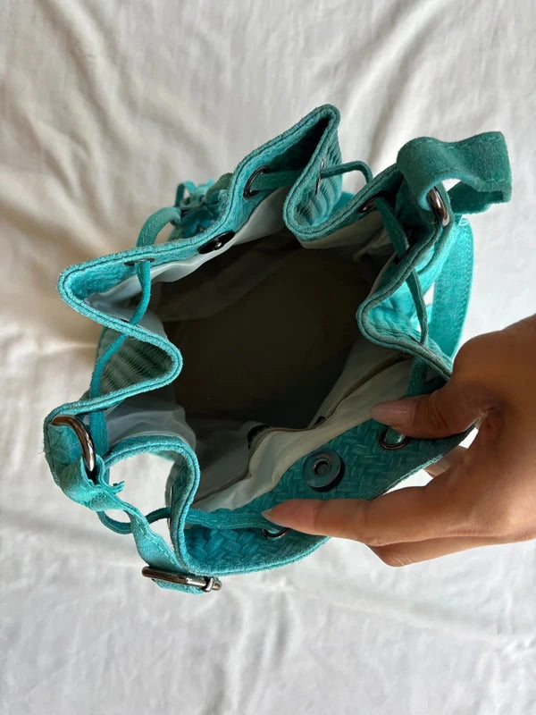 Turquoise Woven 100% Leather Bucket Bag