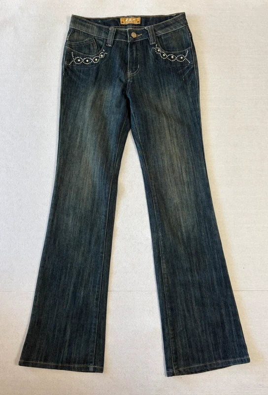 Y2K Low Rise Rhinestone Dark Wash Flare Jeans (XS)