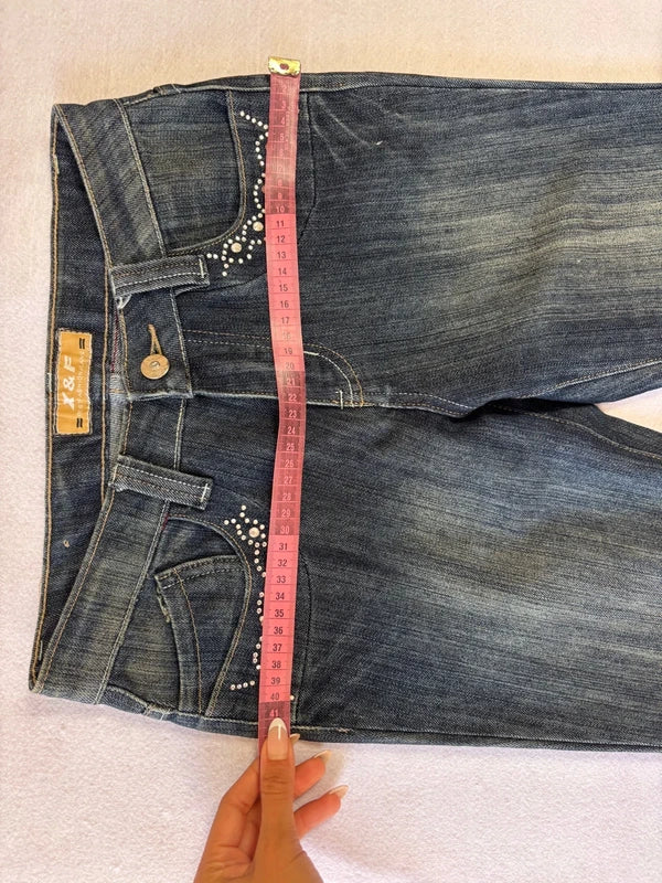 Y2K Low Rise Rhinestone Dark Wash Flare Jeans (XS)