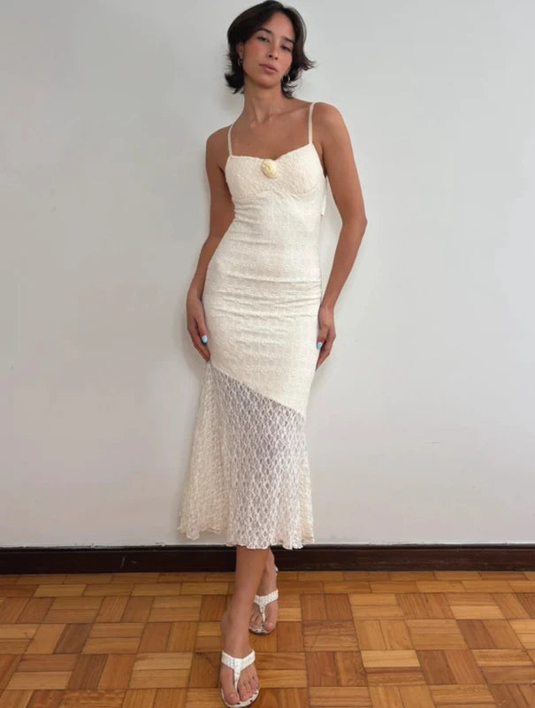 Ivory White Lace Midi Dress Y2K (S)