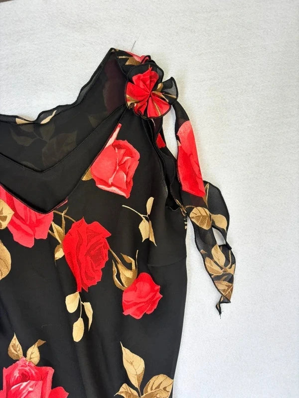 90s Black Rose Floral Slip Midi Dress (S)