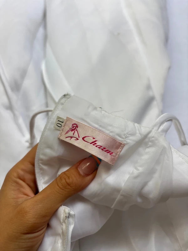 Vintage White Satin Floral Embroidered Midi Dress (XXS)