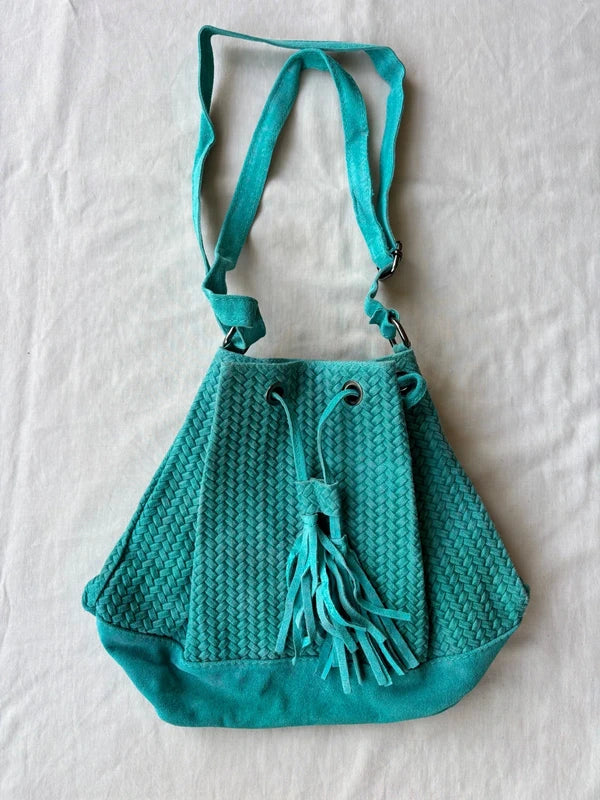 Turquoise Woven 100% Leather Bucket Bag