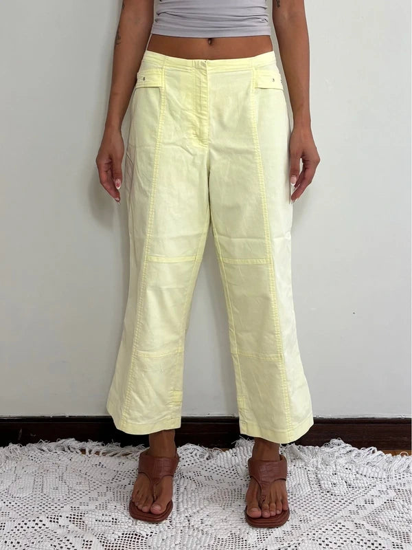 Y2K Pastel Yellow Utility Cargo Pants Low Rise (L)