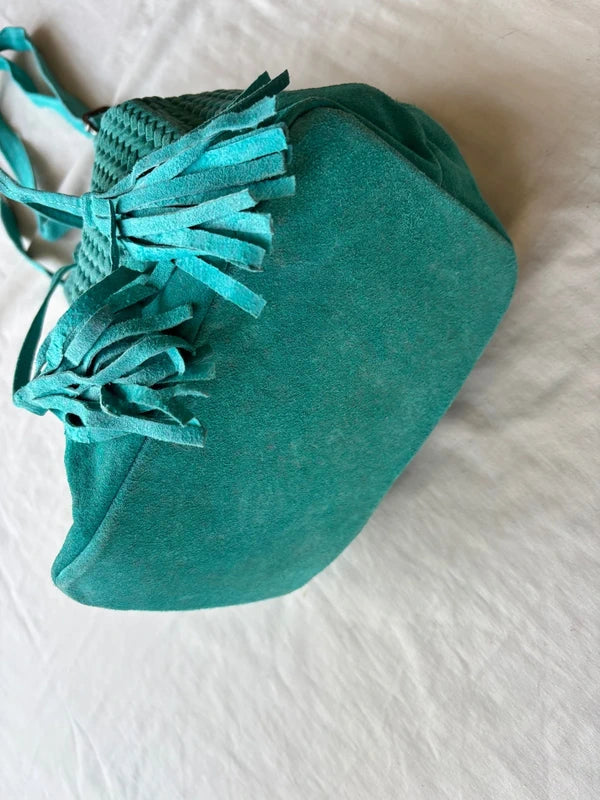Turquoise Woven 100% Leather Bucket Bag