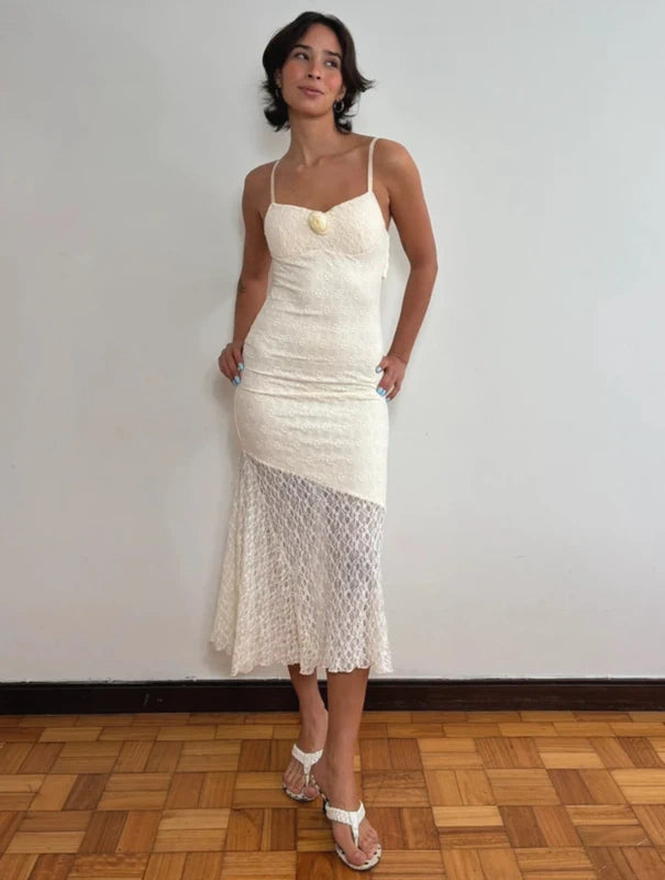 Ivory White Lace Midi Dress Y2K (S)