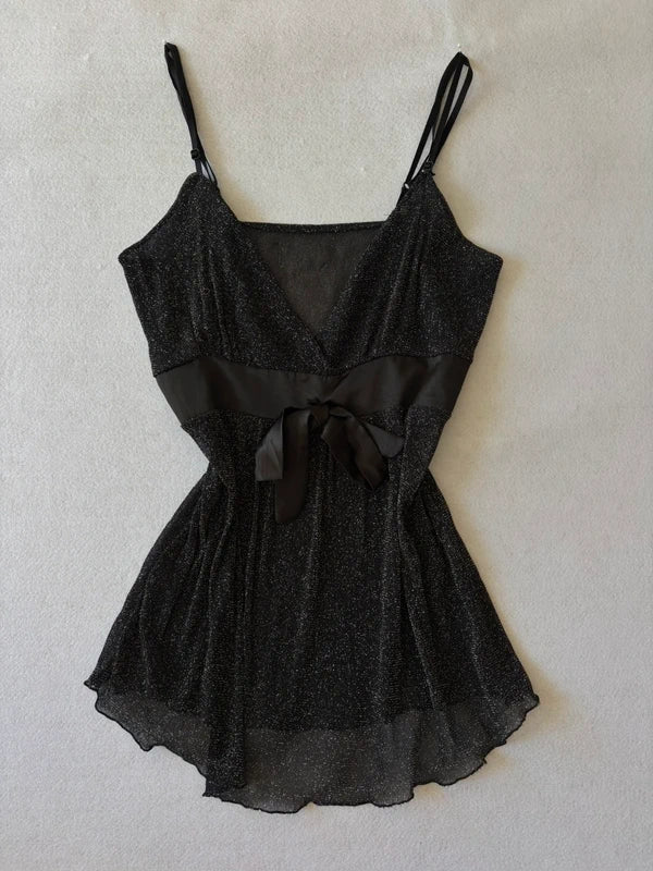 Y2K Black Sparkly Glitter Cami Top with Satin Waist Bow (S)