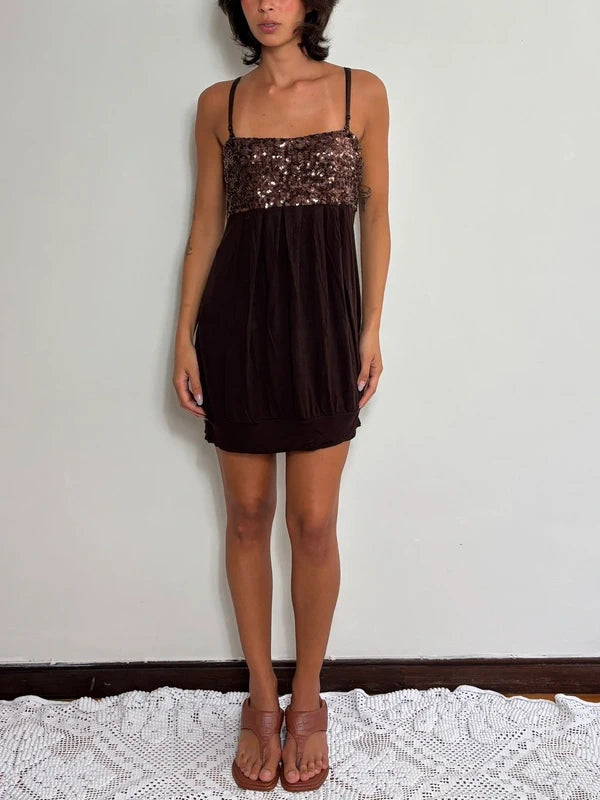 Vintage Chocolate Brown Sequin Cami Mini Dress (M)