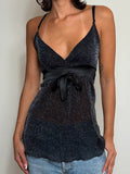 Y2K Black Sparkly Glitter Cami Top with Satin Waist Bow (S)