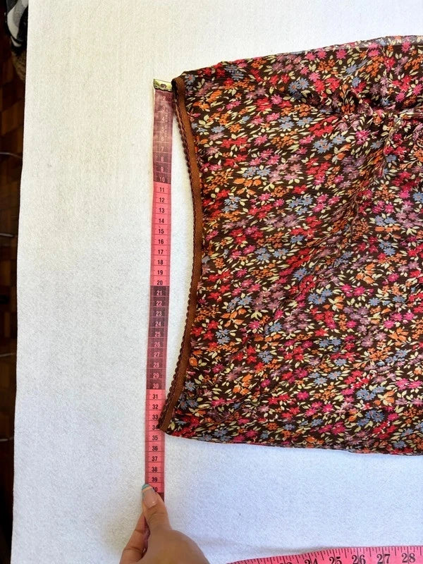 Y2K Silk Brown Floral Asymmetric Midi Skirt (M)