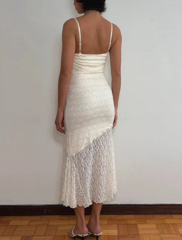 Ivory White Lace Midi Dress Y2K (S)