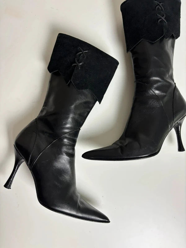 Y2K Black Leather Heels Pointed Toe Boots (35 EUR)
