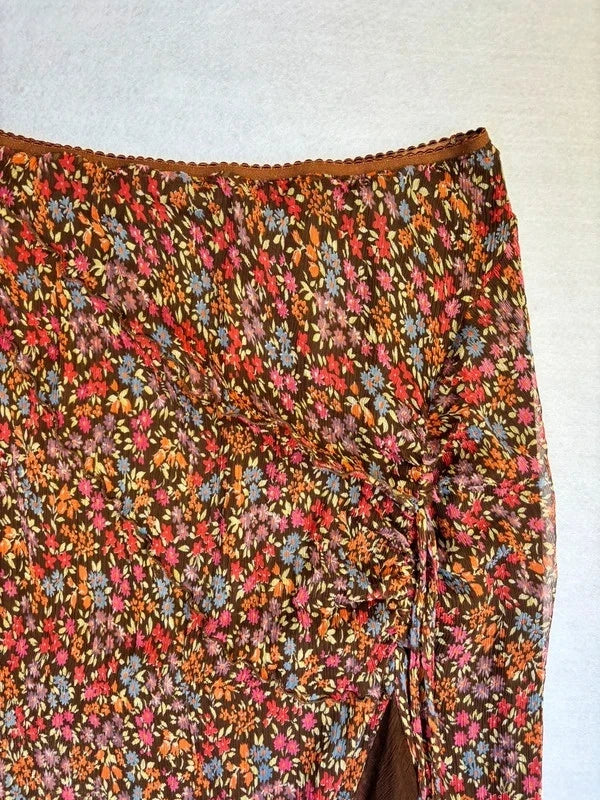 Y2K Silk Brown Floral Asymmetric Midi Skirt (M)