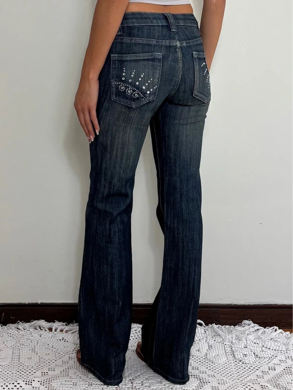 Y2K Low Rise Rhinestone Dark Wash Flare Jeans (XS)