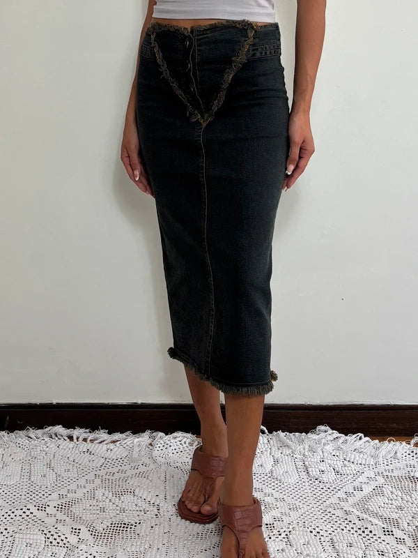 Y2K Washed Black Denim Midi Skirt (S)
