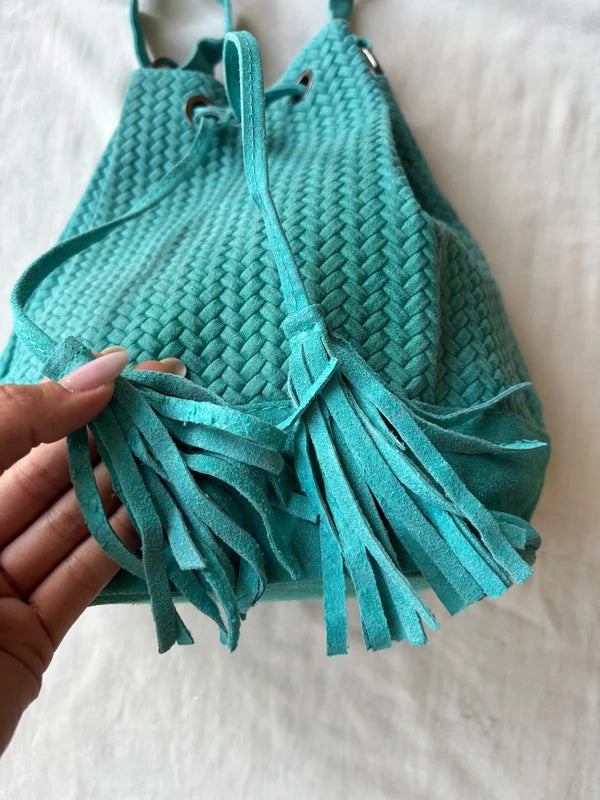 Turquoise Woven 100% Leather Bucket Bag