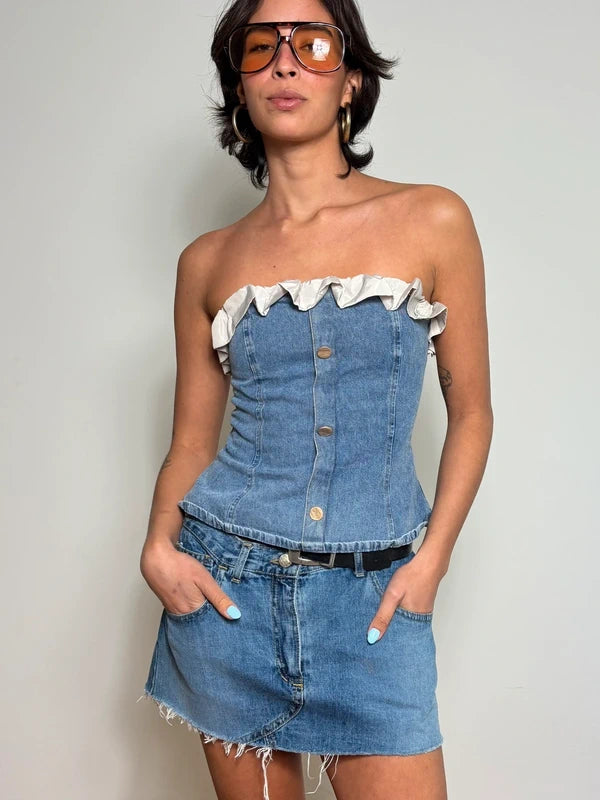 Y2K Blue Denim Corset Strapless Top (S)