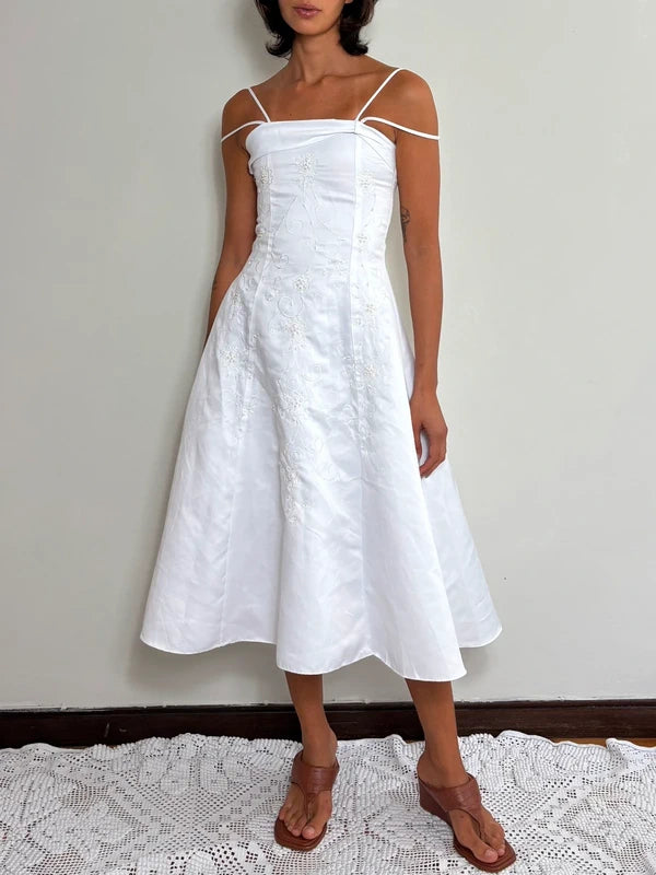 Vintage White Satin Floral Embroidered Midi Dress (XXS)