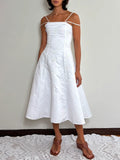 Vintage White Satin Floral Embroidered Midi Dress (XXS)