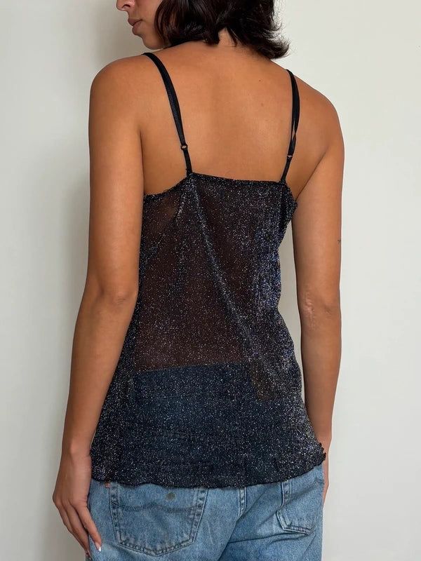 Y2K Black Sparkly Glitter Cami Top with Satin Waist Bow (S)