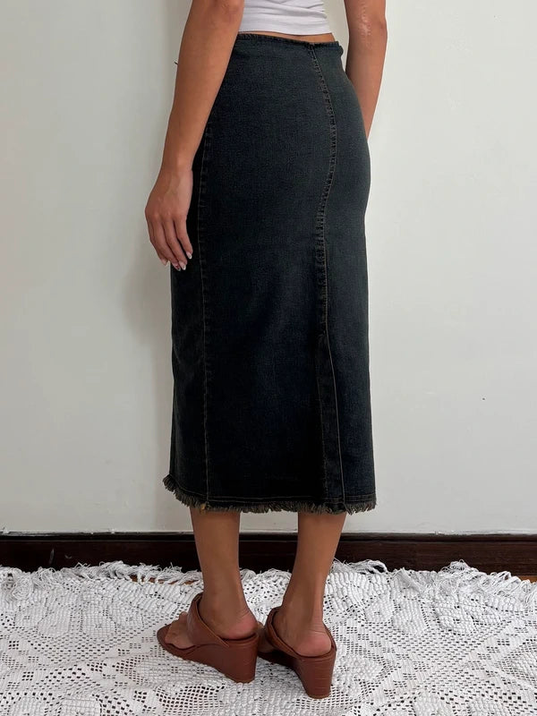 Y2K Washed Black Denim Midi Skirt (S)