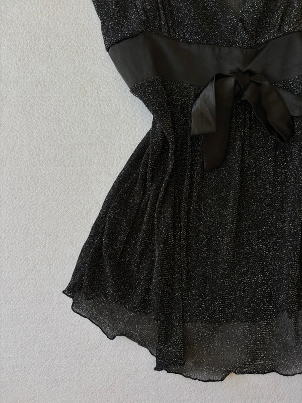 Y2K Black Sparkly Glitter Cami Top with Satin Waist Bow (S)