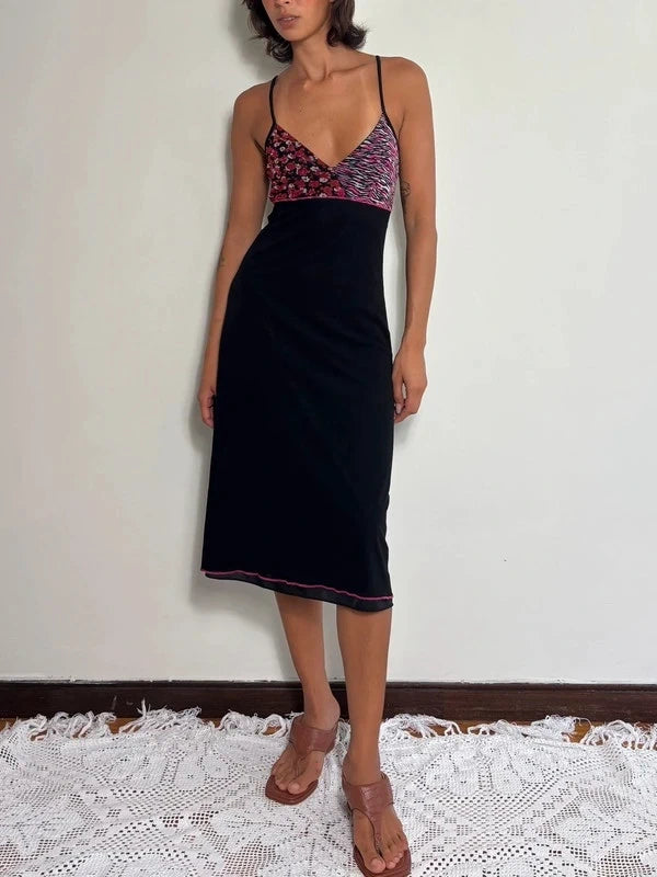 Vintage Y2K Black Lace Cami Midi Dress (M)