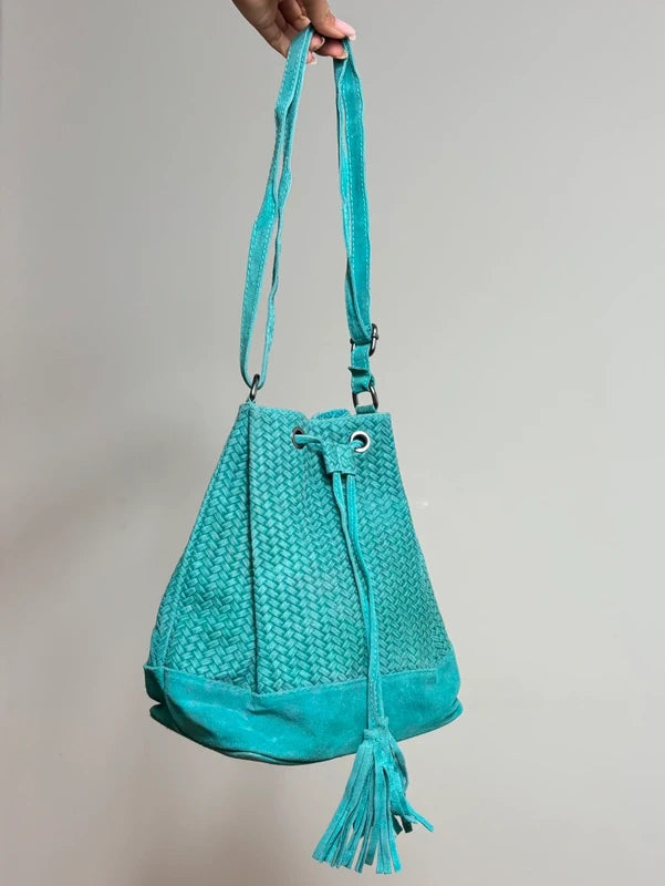 Turquoise Woven 100% Leather Bucket Bag