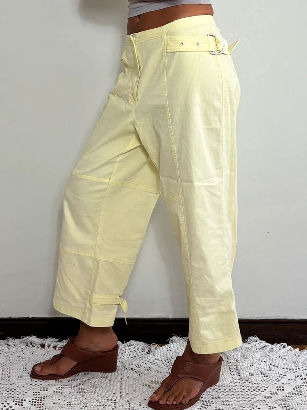 Y2K Pastel Yellow Utility Cargo Pants Low Rise (L)