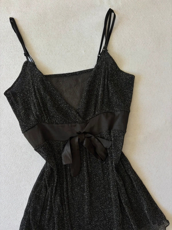 Y2K Black Sparkly Glitter Cami Top with Satin Waist Bow (S)