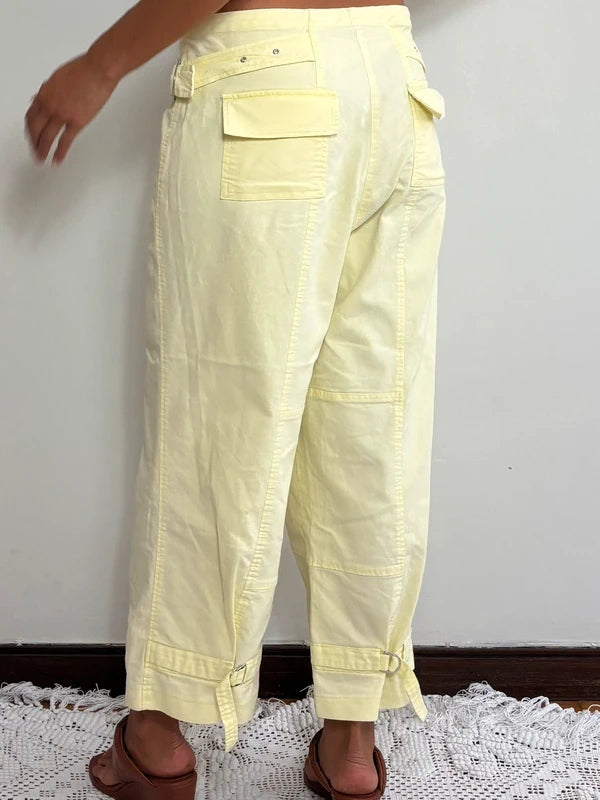 Y2K Pastel Yellow Utility Cargo Pants Low Rise (L)