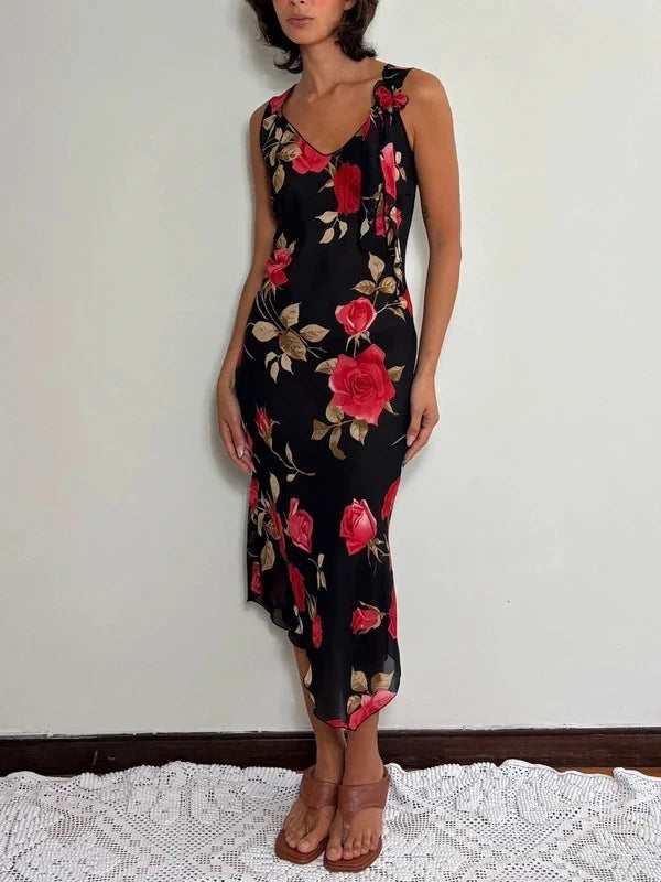 90s Black Rose Floral Slip Midi Dress (S)