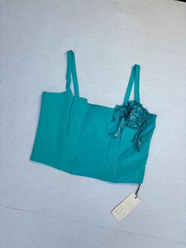Turquoise Corset Cropped Top Floral Detail (L)