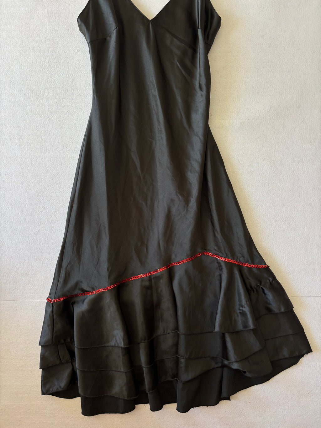 90s Vintage Black Satin Slip Dress with Red Sequin Trim & Ruffled Hem (S)