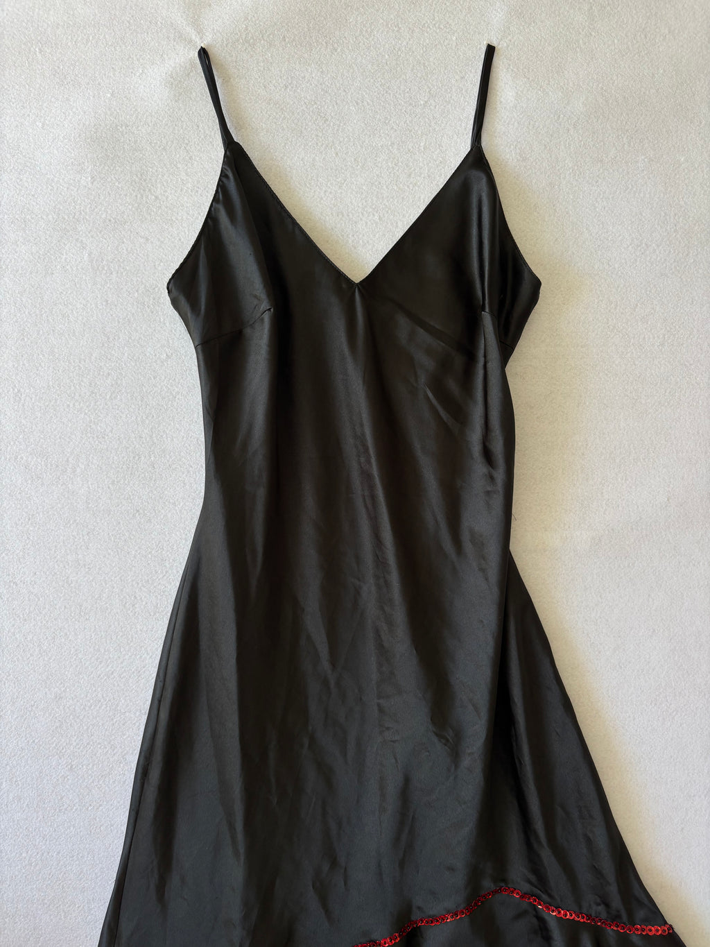 90s Vintage Black Satin Slip Dress with Red Sequin Trim & Ruffled Hem (S)