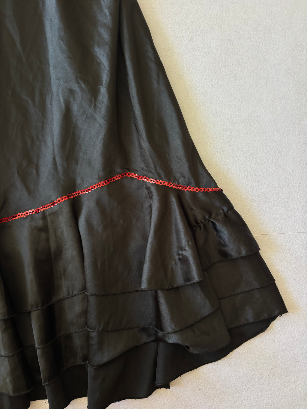 90s Vintage Black Satin Slip Dress with Red Sequin Trim & Ruffled Hem (S)