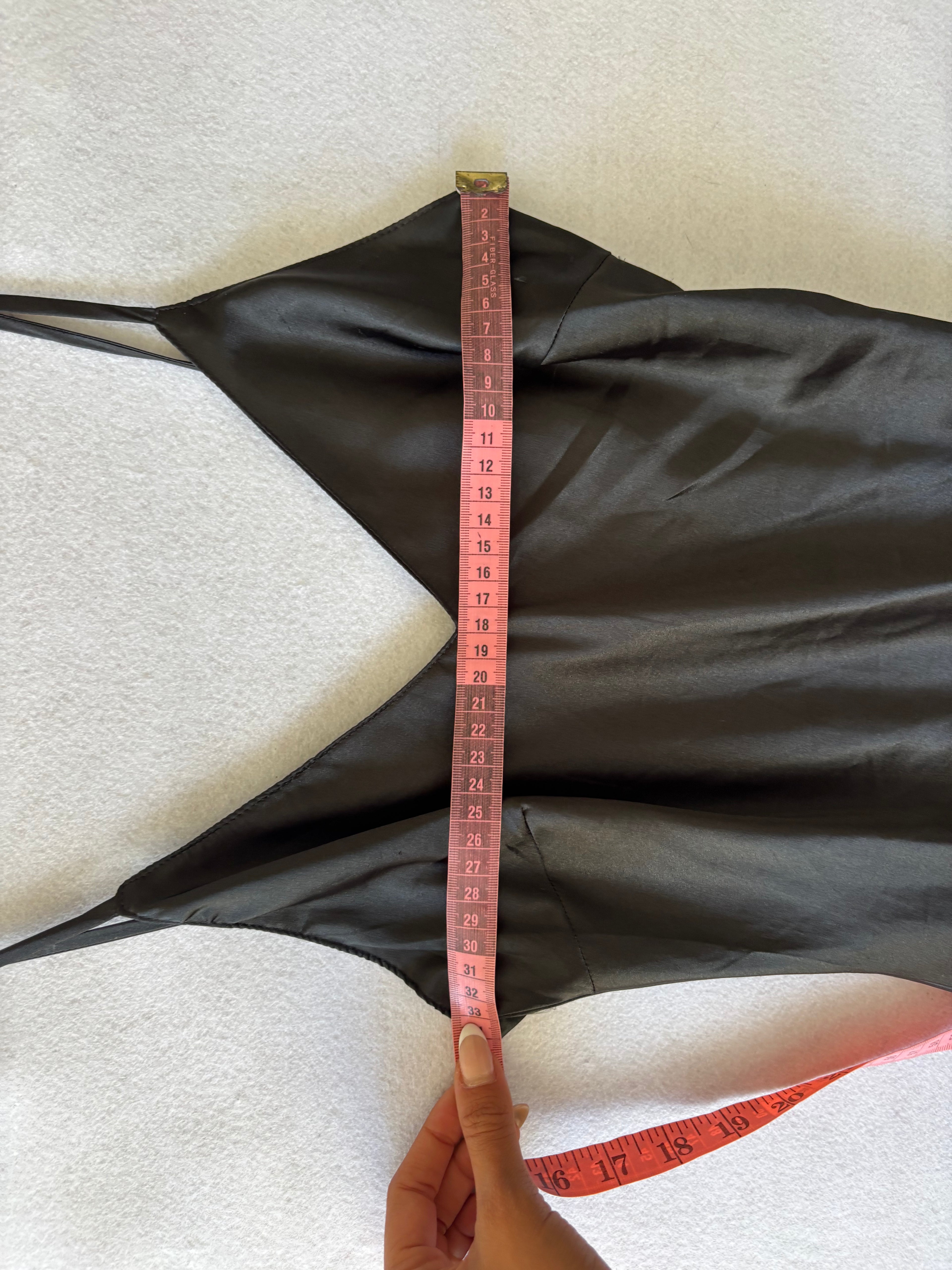 90s Vintage Black Satin Slip Dress with Red Sequin Trim & Ruffled Hem (S)